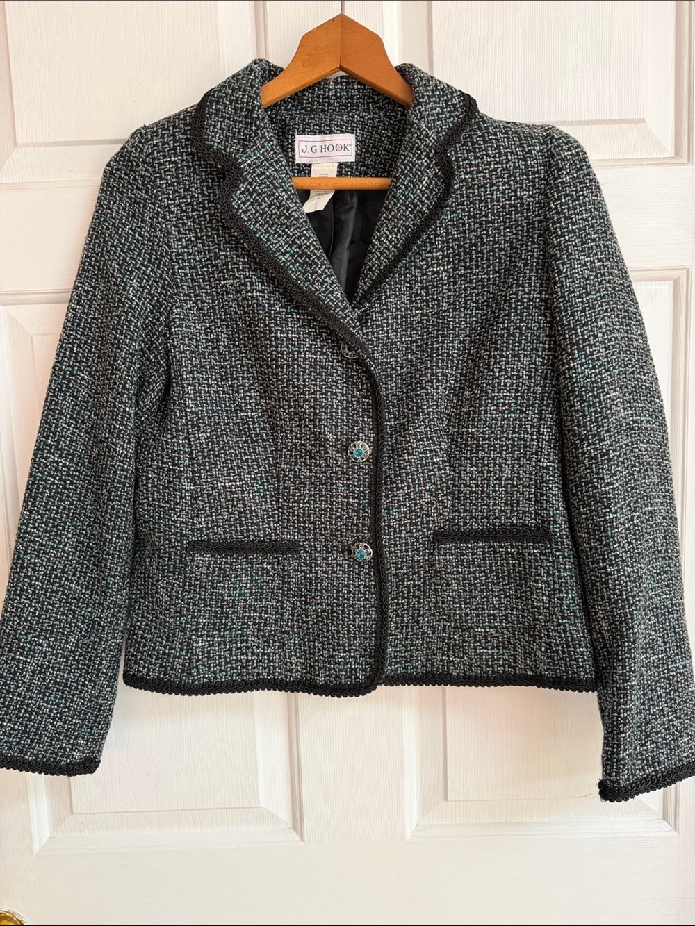 J. G. Hook Black and Aqua Tweed Notch-Collar Blazer